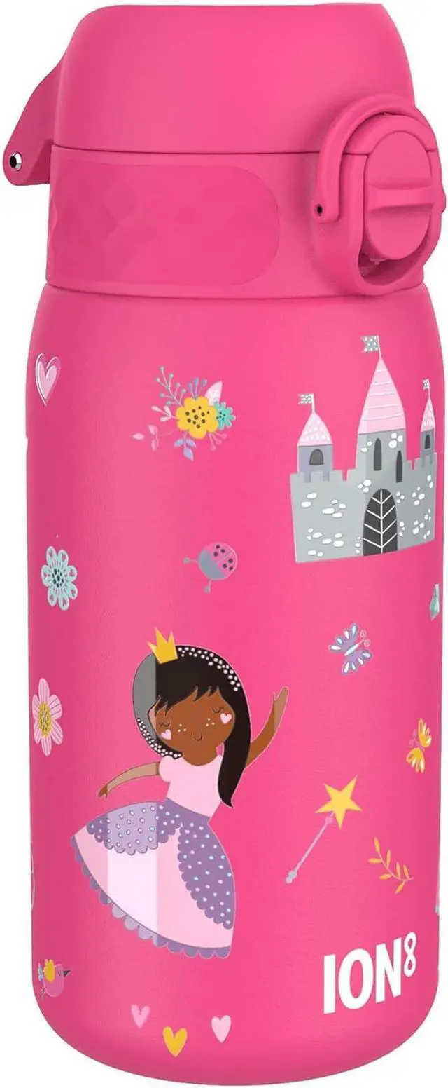 Main image of Ion8 Kids Water Bottle, Steel 400 ml/13 oz, Leak Proof, Easy to Open, Secure Lock, Dishwasher Safe, Flip Cover, Carry Handle, Easy Clean, Durable, Scratch Resistant, Raised Print, Princess Design
