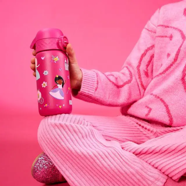 Alt view image 2 of 7 - Ion8 Kids Water Bottle, Steel 400 ml/13 oz, Leak Proof, Easy to Open, Secure Lock, Dishwasher Safe, Flip Cover, Carry Handle, Easy Clean, Durable, Scratch Resistant, Raised Print, Princess Design