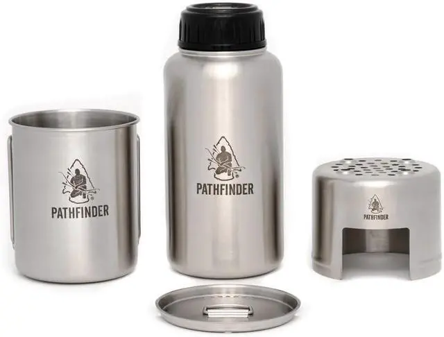 Main image of The Pathfinder School Stainless Steel 32oz Water Bottle, Cup with Bat Wing Handles, and Stove Set