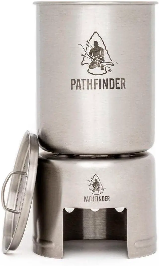 Alt view image 2 of 7 - The Pathfinder School Stainless Steel 32oz Water Bottle, Cup with Bat Wing Handles, and Stove Set