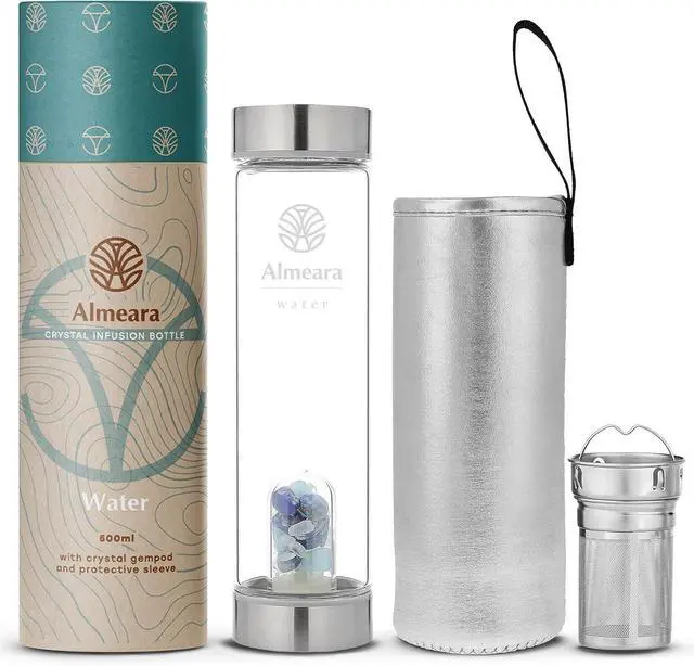 Main image of Almeara Crystal Water Bottle with Authentic Lapis Lazuli, Opal Stones & Aquamarine Removable Gemstones, Loose Leaf Tea Infuser - Relaxation, Healing & Spiritual Gifts for Women - Witchcraft Supplies