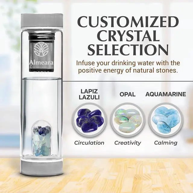 Alt view image 2 of 7 - Almeara Crystal Water Bottle with Authentic Lapis Lazuli, Opal Stones & Aquamarine Removable Gemstones, Loose Leaf Tea Infuser - Relaxation, Healing & Spiritual Gifts for Women - Witchcraft Supplies