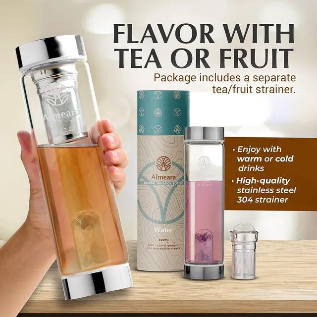 Alt view image 5 of 7 - Almeara Crystal Water Bottle with Authentic Lapis Lazuli, Opal Stones & Aquamarine Removable Gemstones, Loose Leaf Tea Infuser - Relaxation, Healing & Spiritual Gifts for Women - Witchcraft Supplies