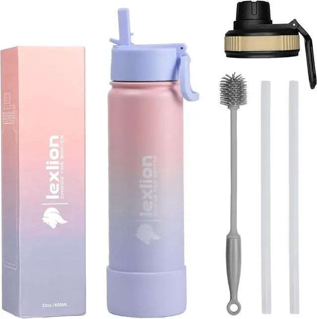 Main image of Water Bottle 22oz, Triple Walled Insulated Stainless Steel Reusable Bottle, Silicone Sleeve, 2 Lids (Spout lid & Straw lid w/2 straw), Metal Mug Gallon, BPA Free, Pinky