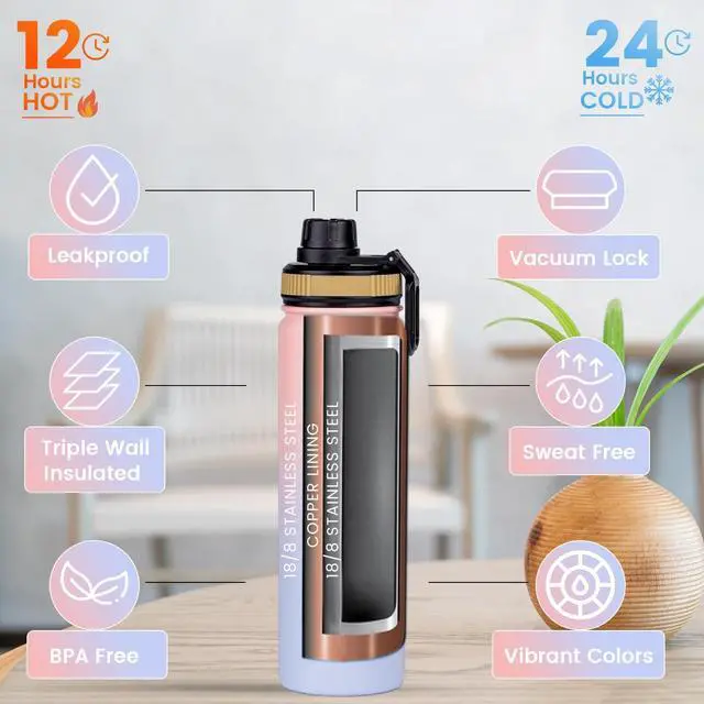 Alt view image 2 of 7 - Water Bottle 22oz, Triple Walled Insulated Stainless Steel Reusable Bottle, Silicone Sleeve, 2 Lids (Spout lid & Straw lid w/2 straw), Metal Mug Gallon, BPA Free, Pinky