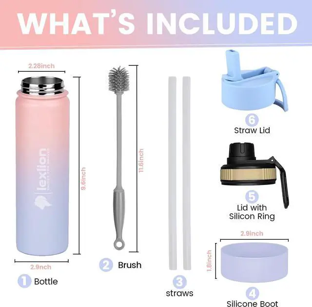 Alt view image 7 of 7 - Water Bottle 22oz, Triple Walled Insulated Stainless Steel Reusable Bottle, Silicone Sleeve, 2 Lids (Spout lid & Straw lid w/2 straw), Metal Mug Gallon, BPA Free, Pinky
