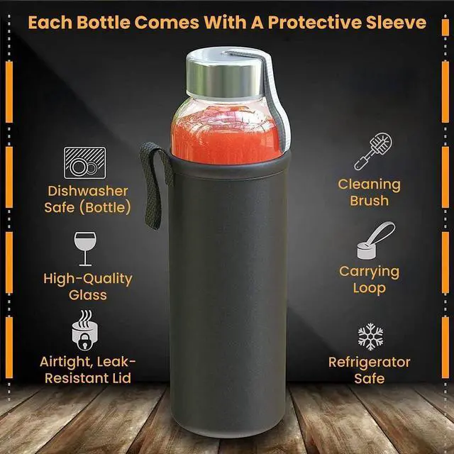 Alt view image 2 of 7 - Chef's Star 18 Oz Glass Water Bottles, Glass Drinking Bottle with Protection Sleeve, Juice Bottles with Stainless Steel Leak Proof Lids, Pack of 6