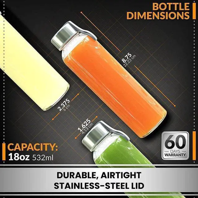 Alt view image 3 of 7 - Chef's Star 18 Oz Glass Water Bottles, Glass Drinking Bottle with Protection Sleeve, Juice Bottles with Stainless Steel Leak Proof Lids, Pack of 6