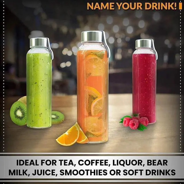 Alt view image 4 of 7 - Chef's Star 18 Oz Glass Water Bottles, Glass Drinking Bottle with Protection Sleeve, Juice Bottles with Stainless Steel Leak Proof Lids, Pack of 6