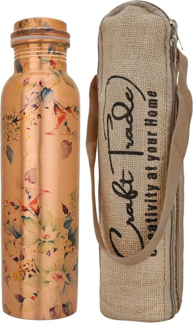 Main image of Craft Trade Floral Printed Pure Copper Bottle with Lid and Carry Bag for Drinking Water BPA Free Leak Proof Boosts Immunity, Supports Digestive & Liver Health, Ayurveda Inspired 34oz