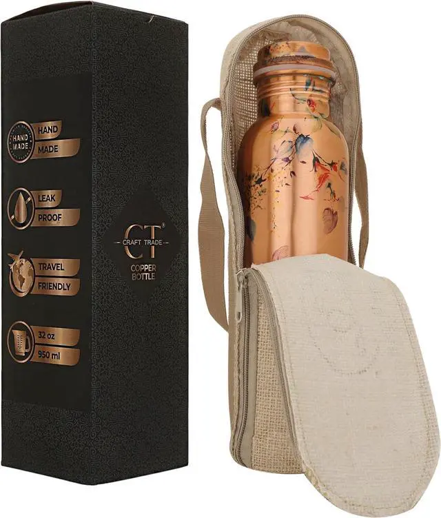 Alt view image 2 of 7 - Craft Trade Floral Printed Pure Copper Bottle with Lid and Carry Bag for Drinking Water BPA Free Leak Proof Boosts Immunity, Supports Digestive & Liver Health, Ayurveda Inspired 34oz