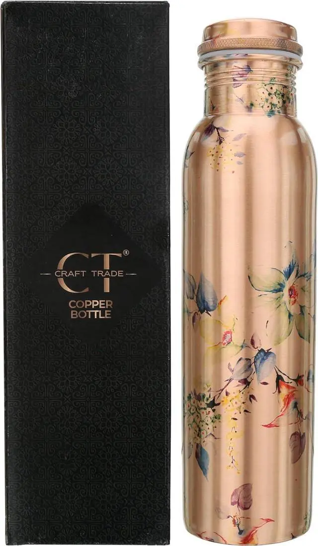 Alt view image 4 of 7 - Craft Trade Floral Printed Pure Copper Bottle with Lid and Carry Bag for Drinking Water BPA Free Leak Proof Boosts Immunity, Supports Digestive & Liver Health, Ayurveda Inspired 34oz