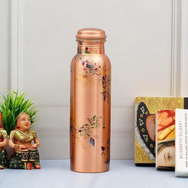 Alt view image 5 of 7 - Craft Trade Floral Printed Pure Copper Bottle with Lid and Carry Bag for Drinking Water BPA Free Leak Proof Boosts Immunity, Supports Digestive & Liver Health, Ayurveda Inspired 34oz