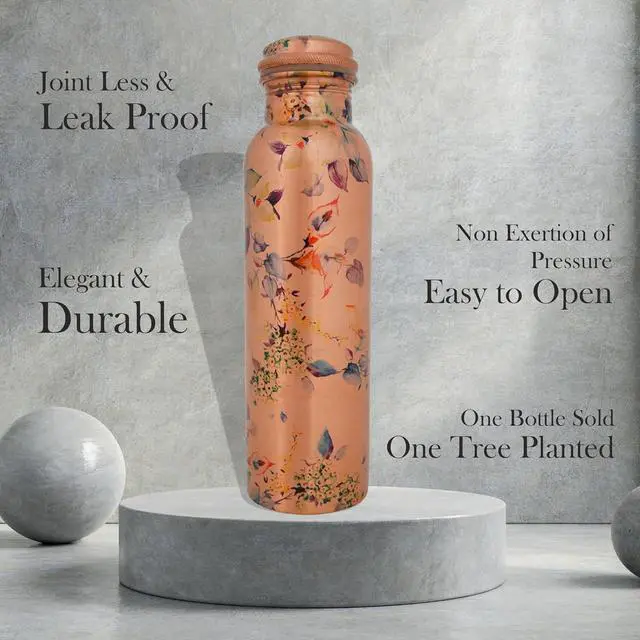 Alt view image 7 of 7 - Craft Trade Floral Printed Pure Copper Bottle with Lid and Carry Bag for Drinking Water BPA Free Leak Proof Boosts Immunity, Supports Digestive & Liver Health, Ayurveda Inspired 34oz