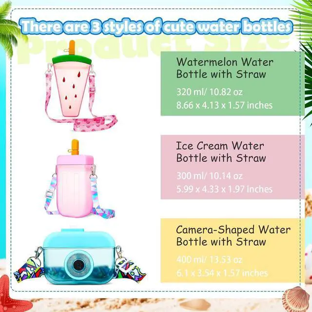 Alt view image 2 of 6 - 3 Pieces Cute Water Bottles with Straws Creative Kawaii Camera Shaped Ice Cream Bar Watermelon Adjustable Strap Plastic Water Bottle for Travel School Sport Kids (Fresh Style, Red, Pink, Blue)