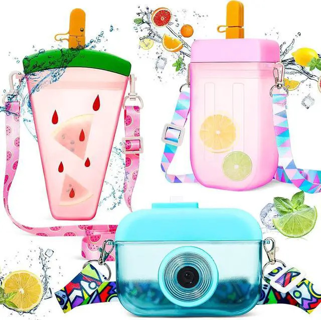 Main image of 3 Pieces Cute Water Bottles with Straws Creative Kawaii Camera Shaped Ice Cream Bar Watermelon Adjustable Strap Plastic Water Bottle for Travel School Sport Kids (Fresh Style, Red, Pink, Blue)