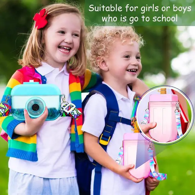 Alt view image 4 of 6 - 3 Pieces Cute Water Bottles with Straws Creative Kawaii Camera Shaped Ice Cream Bar Watermelon Adjustable Strap Plastic Water Bottle for Travel School Sport Kids (Fresh Style, Red, Pink, Blue)