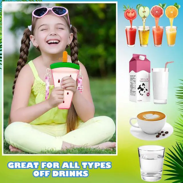 Alt view image 5 of 6 - 3 Pieces Cute Water Bottles with Straws Creative Kawaii Camera Shaped Ice Cream Bar Watermelon Adjustable Strap Plastic Water Bottle for Travel School Sport Kids (Fresh Style, Red, Pink, Blue)