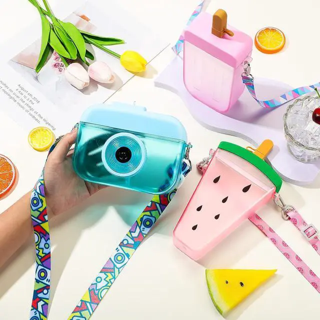 Alt view image 6 of 6 - 3 Pieces Cute Water Bottles with Straws Creative Kawaii Camera Shaped Ice Cream Bar Watermelon Adjustable Strap Plastic Water Bottle for Travel School Sport Kids (Fresh Style, Red, Pink, Blue)