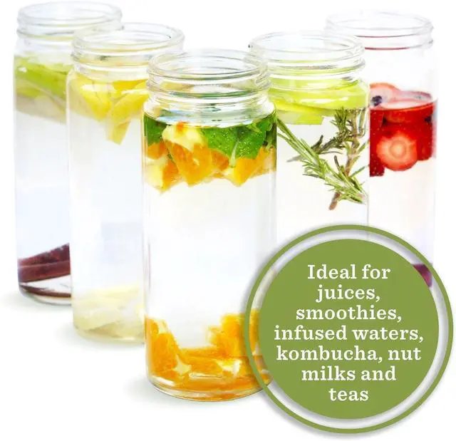 Alt view image 3 of 7 - All About Juicing Clear Glass Water Bottles Set - 6 Pack Wide Mouth with Lids for Juice, Smoothies, Beverage Storage - 16 oz, Durable, Reusable, Dishwasher Safe, Leak Proof (Black Caps)