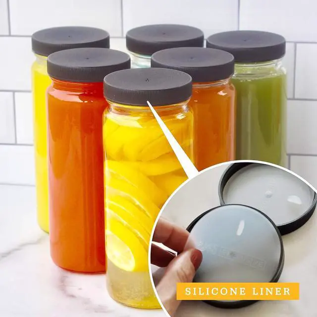 Alt view image 7 of 7 - All About Juicing Clear Glass Water Bottles Set - 6 Pack Wide Mouth with Lids for Juice, Smoothies, Beverage Storage - 16 oz, Durable, Reusable, Dishwasher Safe, Leak Proof (Black Caps)