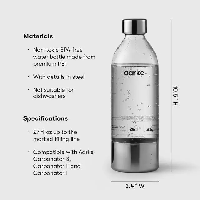 Alt view image 6 of 6 - Aarke Extra PET Stainless Steel Reusable Bottle for Carbonator l, ll, and 3, BPA-Free and Non-Toxic, 1L/34 fl oz (2-Pack)