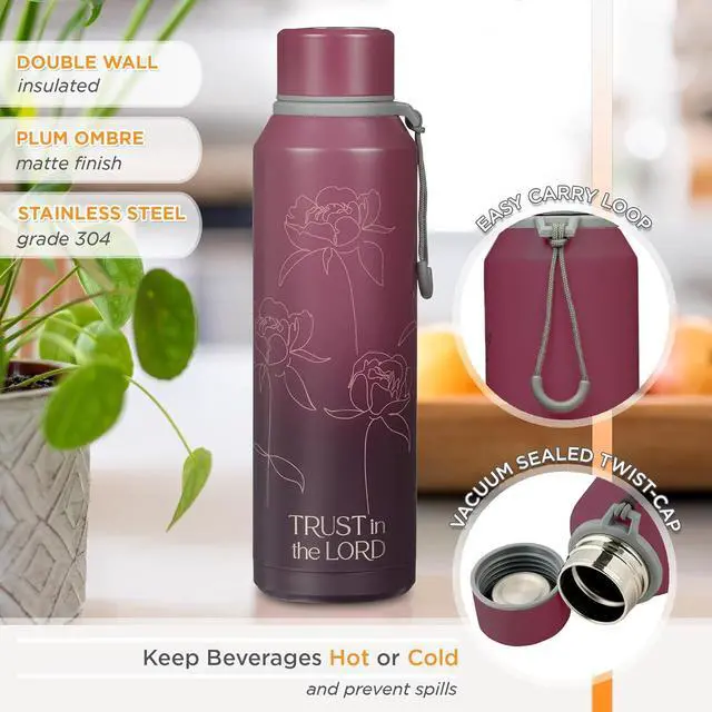 Alt view image 3 of 7 - Christian Art Gifts Stainless Steel Double Wall Vacuum Sealed Insulated Water Bottle for Women: Trust in the Lord Bible Verse, Leak/Spill-proof, Scratch Resistant, Wide Mouth, Cute Plum Purple, 24 oz