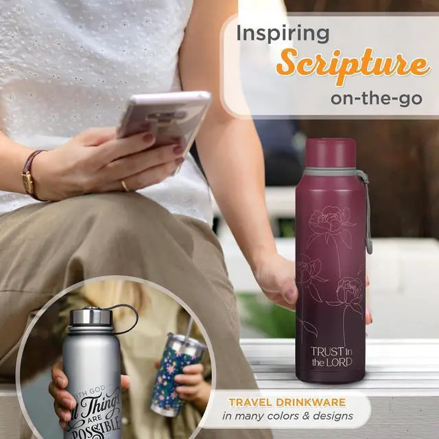 Alt view image 6 of 7 - Christian Art Gifts Stainless Steel Double Wall Vacuum Sealed Insulated Water Bottle for Women: Trust in the Lord Bible Verse, Leak/Spill-proof, Scratch Resistant, Wide Mouth, Cute Plum Purple, 24 oz