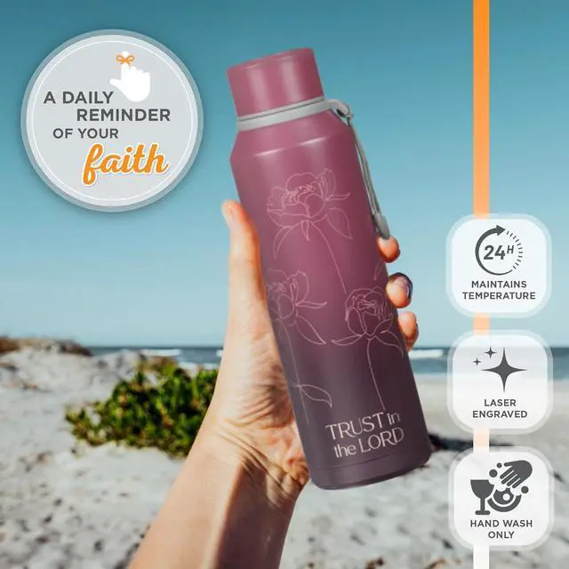 Alt view image 5 of 7 - Christian Art Gifts Stainless Steel Double Wall Vacuum Sealed Insulated Water Bottle for Women: Trust in the Lord Bible Verse, Leak/Spill-proof, Scratch Resistant, Wide Mouth, Cute Plum Purple, 24 oz