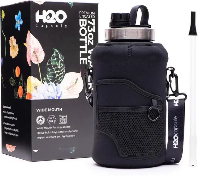 Main image of H2O Capsule 2.2L Half Gallon Wide Mouth Water Bottle with Storage Sleeve and Removable Straw - Hydration Tracker Jug with Measurements Marked  Shatterproof BPA-Free, (Jet Black)