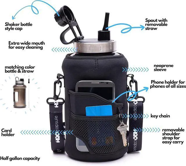 Alt view image 2 of 7 - H2O Capsule 2.2L Half Gallon Wide Mouth Water Bottle with Storage Sleeve and Removable Straw - Hydration Tracker Jug with Measurements Marked  Shatterproof BPA-Free, (Jet Black)