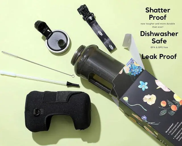 Alt view image 3 of 7 - H2O Capsule 2.2L Half Gallon Wide Mouth Water Bottle with Storage Sleeve and Removable Straw - Hydration Tracker Jug with Measurements Marked  Shatterproof BPA-Free, (Jet Black)