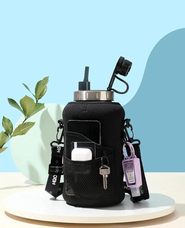 Alt view image 6 of 7 - H2O Capsule 2.2L Half Gallon Wide Mouth Water Bottle with Storage Sleeve and Removable Straw - Hydration Tracker Jug with Measurements Marked  Shatterproof BPA-Free, (Jet Black)