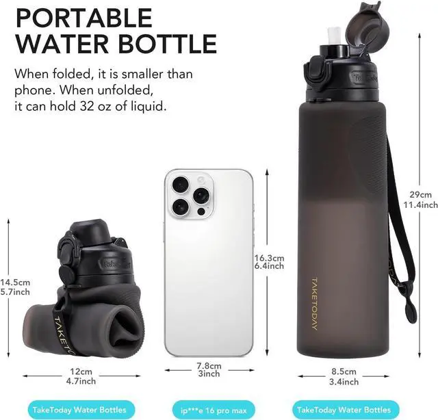 Alt view image 3 of 7 - Collapsible Water Bottles 32oz, Foldable Travel Water Bottle with Straw, BPA Free, Silicone Water Bottle Leakproof for Hiking, International Travel, Outdoors (Blue)