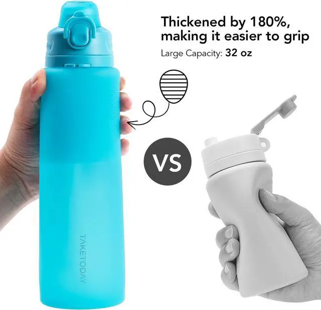 Alt view image 4 of 7 - Collapsible Water Bottles 32oz, Foldable Travel Water Bottle with Straw, BPA Free, Silicone Water Bottle Leakproof for Hiking, International Travel, Outdoors (Blue)