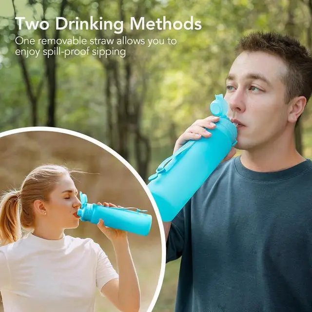 Alt view image 6 of 7 - Collapsible Water Bottles 32oz, Foldable Travel Water Bottle with Straw, BPA Free, Silicone Water Bottle Leakproof for Hiking, International Travel, Outdoors (Blue)