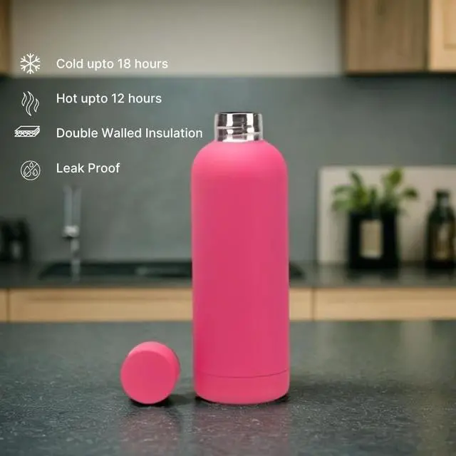 Alt view image 4 of 7 - Matte Finish Stainless Steel Water Bottle | Vacuum Insulated Travel Bottle | Hot & Cold Water Bottle | Smooth Rubber Finish Water Bottle (Pink)