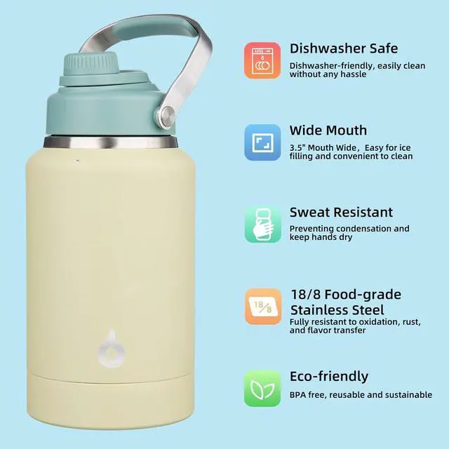 Alt view image 3 of 6 - BJPKPK 64oz Insulated Water Bottles, Dishwasher Safe Half gallon Water Bottle with Metal Handle, BPA Free Spout Lid & Detachable Bowl, Large Stainless Steel Jugs, Chartreuse