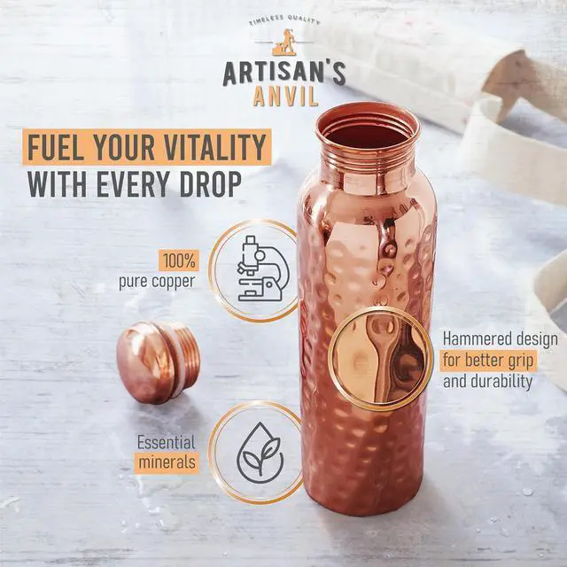 Alt view image 2 of 6 - Artisan's Anvil Copper Water Bottle - 32oz - Versatile and Travel-Friendly Pure Copper Water Bottle  Ayurvedic Copper Drinking Bottle for Women and Men  Wide Mouth Design  Carrying Canvas Bag