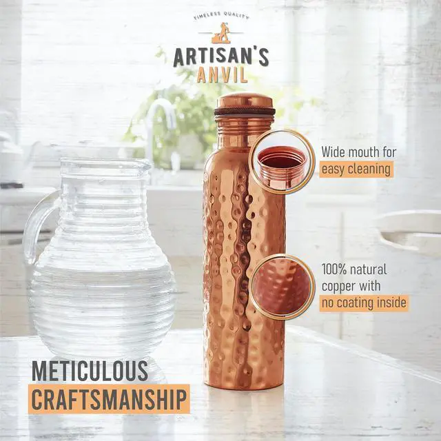 Alt view image 3 of 6 - Artisan's Anvil Copper Water Bottle - 32oz - Versatile and Travel-Friendly Pure Copper Water Bottle  Ayurvedic Copper Drinking Bottle for Women and Men  Wide Mouth Design  Carrying Canvas Bag