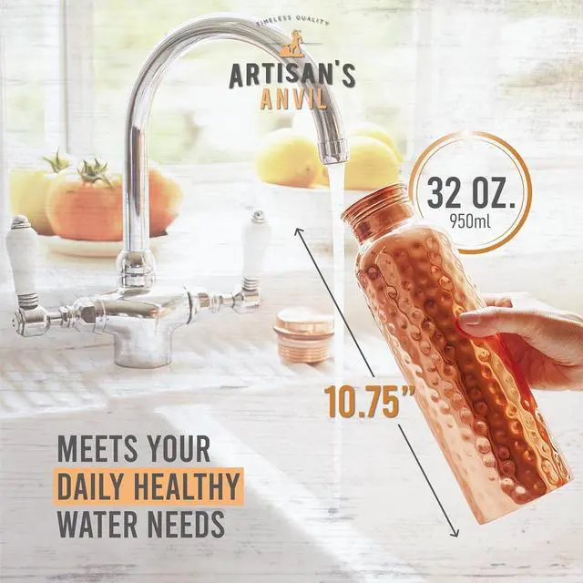 Alt view image 4 of 6 - Artisan's Anvil Copper Water Bottle - 32oz - Versatile and Travel-Friendly Pure Copper Water Bottle  Ayurvedic Copper Drinking Bottle for Women and Men  Wide Mouth Design  Carrying Canvas Bag