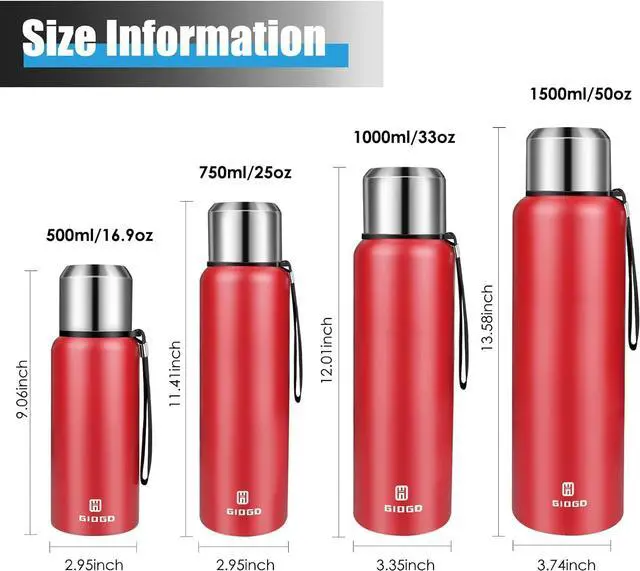 Alt view image 2 of 7 - Insulated vacuum Thermo Bottle 1000ml/33.8oz with cup Stainless steel coffee bottles for hot and cold drink water flask.(Red,1000ml)