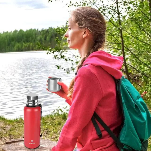 Alt view image 7 of 7 - Insulated vacuum Thermo Bottle 1000ml/33.8oz with cup Stainless steel coffee bottles for hot and cold drink water flask.(Red,1000ml)