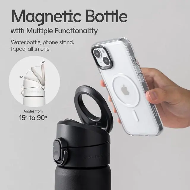 Alt view image 2 of 6 - RhinoShield AquaStand Magnetic Bottle 27 oz | Tritan Water Bottle with Straw Lid, Sport Bottle with MagSafe Compatible Handle, Tripod with Adjustable Angles, Leak Proof, Lightweight - Classic Black