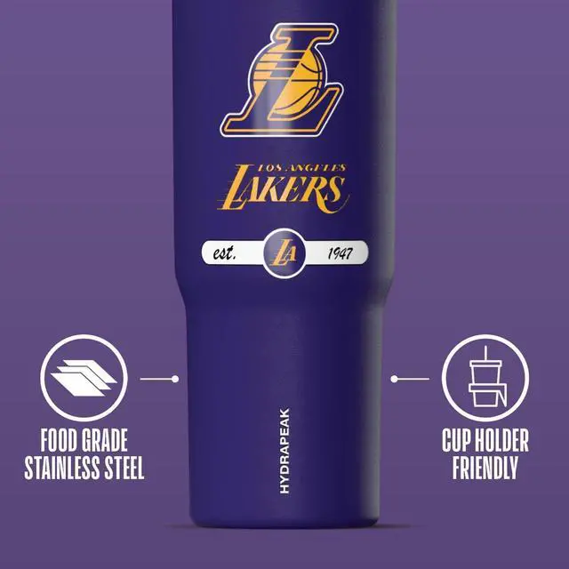 Alt view image 4 of 7 - Hydrapeak x NBA Officially Licensed Los Angeles Lakers 32 oz Nomad Tumbler with Handle and Straw Lid, Leakproof Stainless Steel Water Bottle