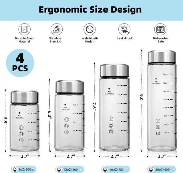 Alt view image 5 of 7 - Glass Juice Bottles 4 Pack 20 oz - Wide Mouth Glass Water Bottles with Lids - Borosilicate,Stainless Steel Lids for Juicing, Smoothies, Infused Water, Beverage Storage, Leakproof, Reusable,BPA Free