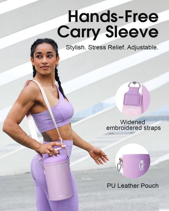 Alt view image 2 of 7 - Coolflask Gallon Water Bottle Insulated with PU Leather Sleeve, 128 oz Water Bottle Color Contrast with Straw Lids, Stainless Steel Metal Large Water Jug, Keep Cold 48h Hot 24h,Lilac Purple