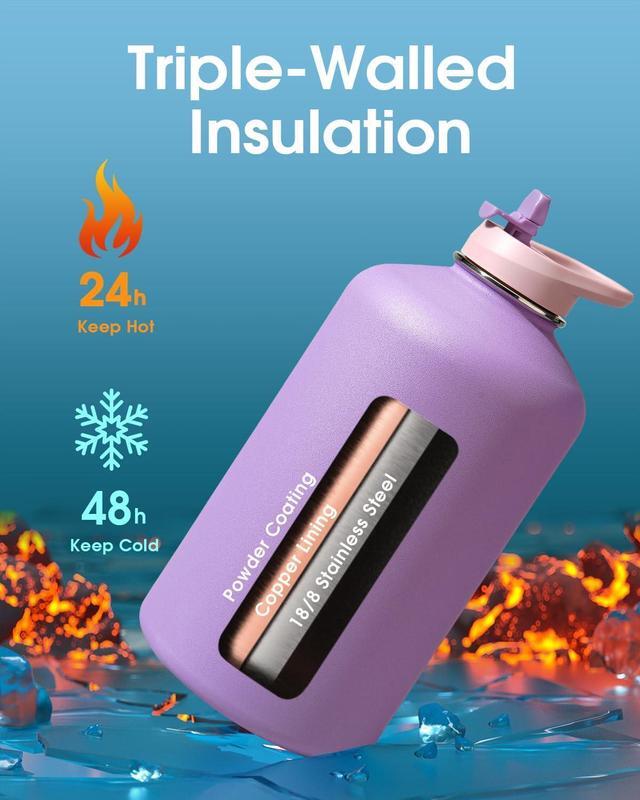 Alt view image 3 of 7 - Coolflask Gallon Water Bottle Insulated with PU Leather Sleeve, 128 oz Water Bottle Color Contrast with Straw Lids, Stainless Steel Metal Large Water Jug, Keep Cold 48h Hot 24h,Lilac Purple