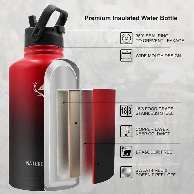 Alt view image 3 of 7 - NATURE PIONEOR Tactical Water Bottle with Carrying Molle Sleeve, Stainless Steel 18/8 Food Grade Half Gallon Jug