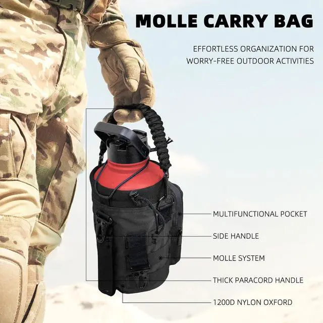 Alt view image 5 of 7 - NATURE PIONEOR Tactical Water Bottle with Carrying Molle Sleeve, Stainless Steel 18/8 Food Grade Half Gallon Jug